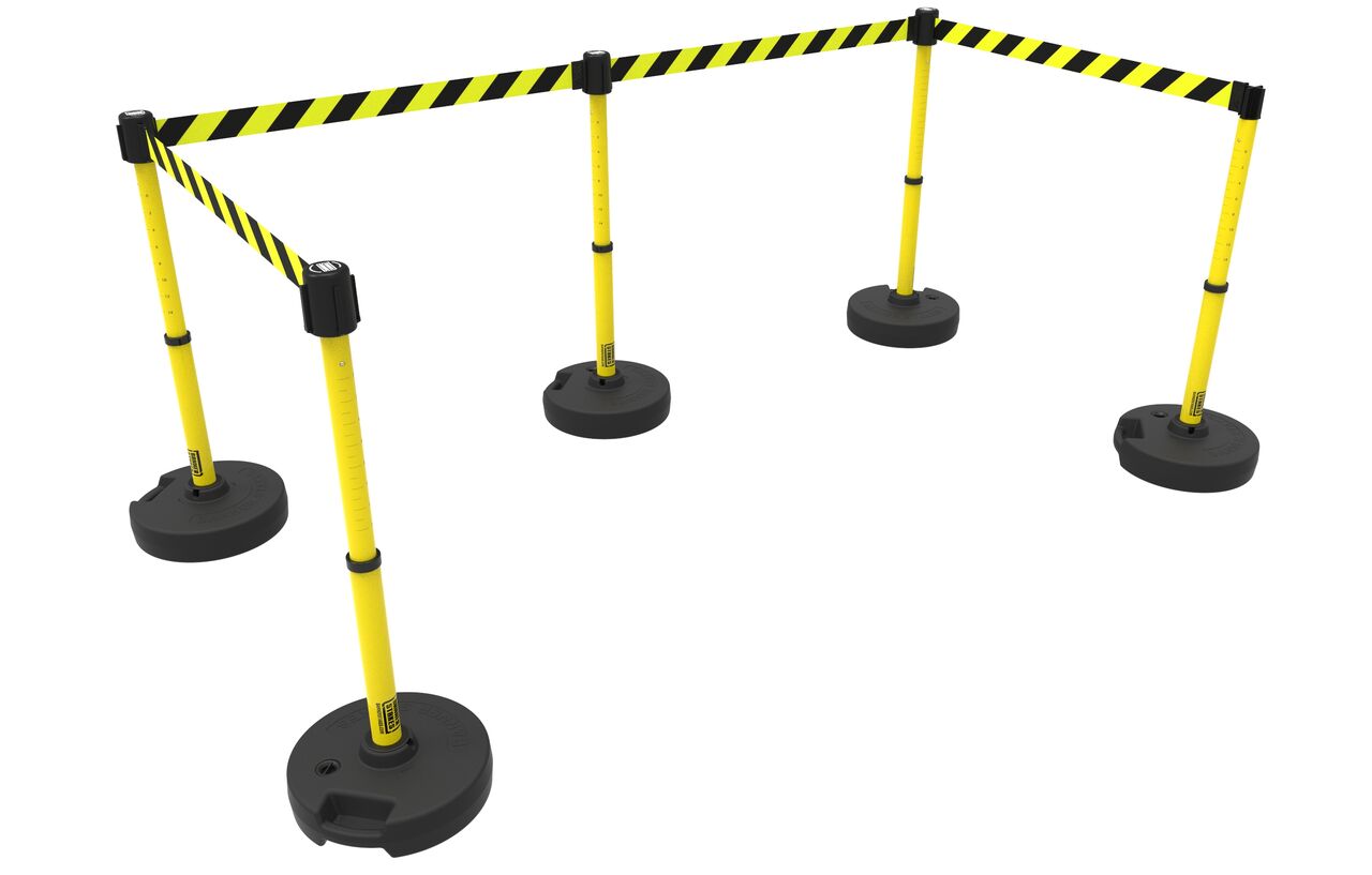 Banner Stakes Plus Barrier Set X5 With Yellow/Black Diagonal Striped Banner